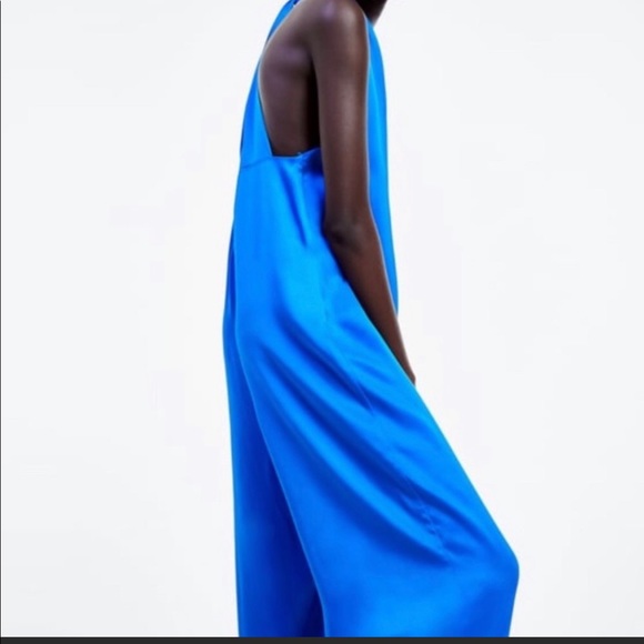 NEW ZARA Blue Flowing Satin Effect Jumpsuit - Picture 4 of 12